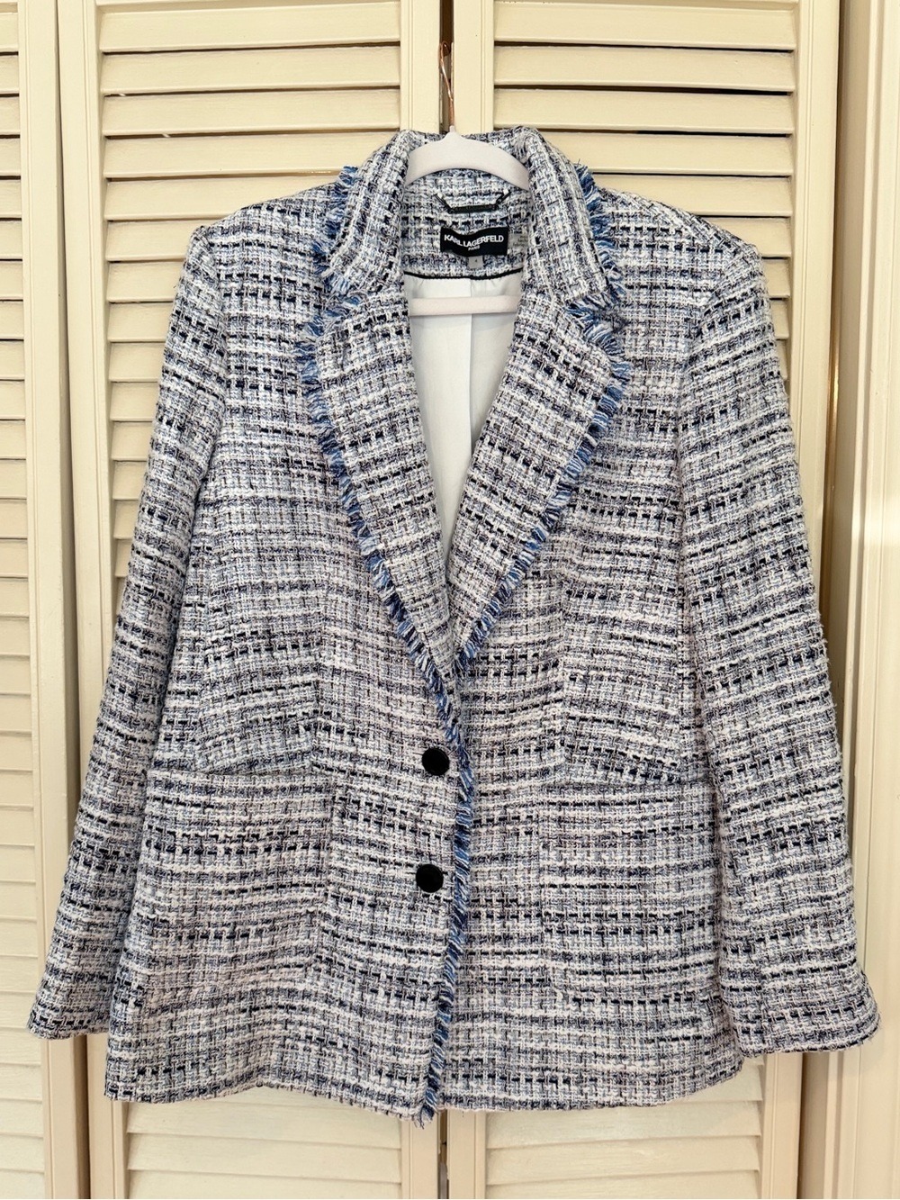 Karl Lagerfeld Paris Blue Tweed Fringe Blazer Jacket Size 4 - Picture 7 of 11